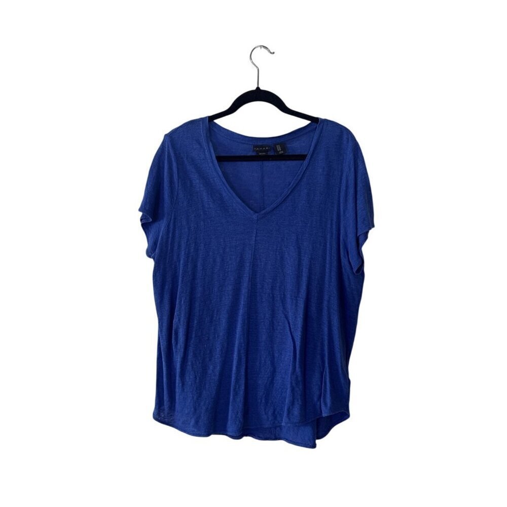 Tahari Womens 100% Linen V-Neck Short Sleeve Top Blue US 1X